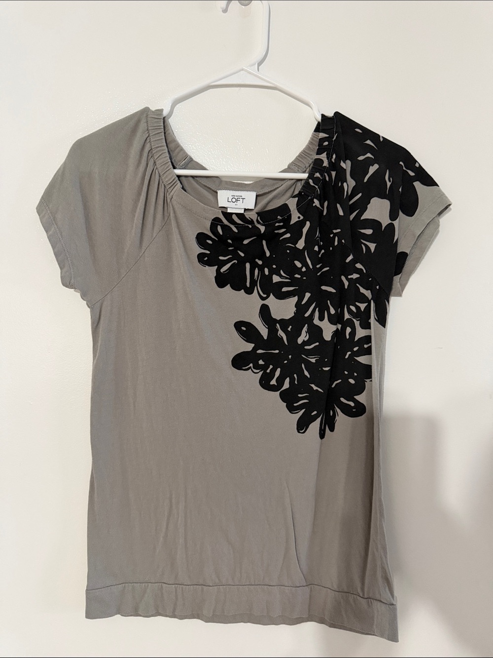 LOFT Gray Short-Sleeve Tee with Black Floral Overlay